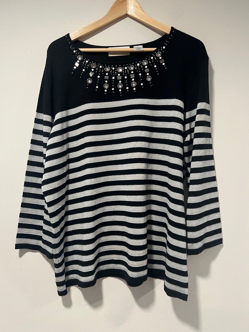 Alfred Dunner Sweater Black Silver Striped Metallic Embellished Neckline 1X JL